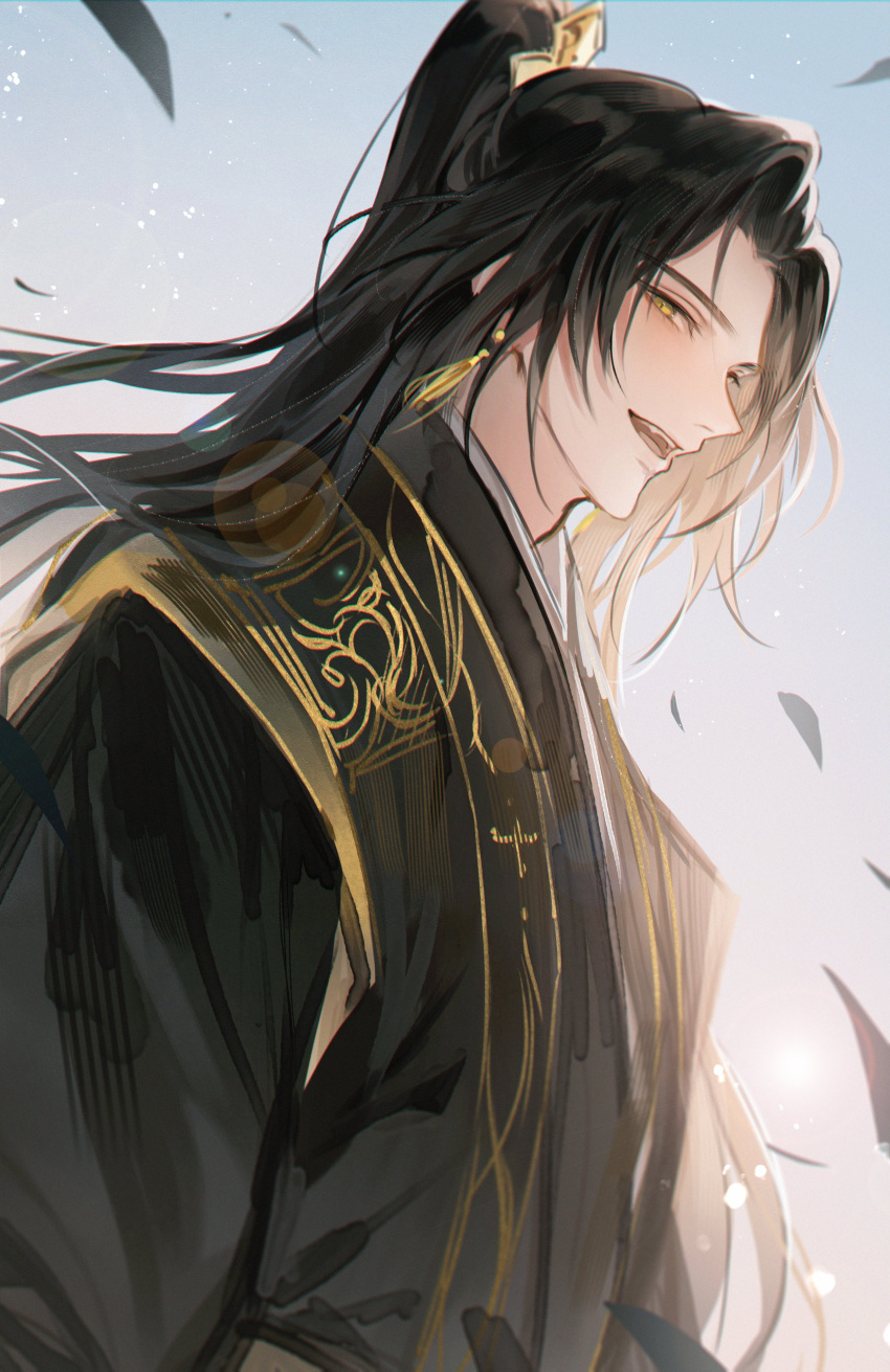1boy absurdres black_hair earrings falling_leaves gradient_background half_updo high_ponytail highres jewelry jinhongi korean_clothes leaf lens_flare long_hair long_sleeves looking_at_viewer open_mouth smile solo tassel tassel_earrings upper_body wind wind_lift yellow_eyes young57440489 zaha
