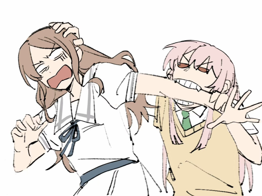 2girls alternate_eye_color bang_dream! bang_dream!_it's_mygo!!!!! biting_arm blue_ribbon brown_hair chihaya_anon chinese_commentary commentary_request green_necktie hand_on_another's_arm hand_on_another's_head long_hair multiple_girls nagasaki_soyo neck_ribbon necktie open_mouth pink_hair red_eyes ribbon sailor_collar school_uniform serafuku shirt short_sleeves shouting simple_background sweater_vest upper_body v-shaped_eyebrows white_background white_sailor_collar white_shirt yanlingjinshilihuahua yellow_sweater_vest