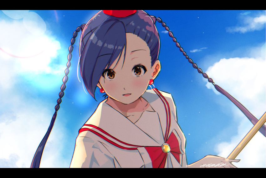 1girl aika_granzchesta andanden aria_(manga) asymmetrical_bangs blue_hair blue_sky bow bowtie braid brown_eyes clouds cloudy_sky collarbone day earrings highres himeya_company_uniform holding holding_oar jewelry lens_flare letterboxed long_hair oar open_mouth outdoors red_bow red_bowtie red_headwear sailor_collar signature sky solo twin_braids upper_body