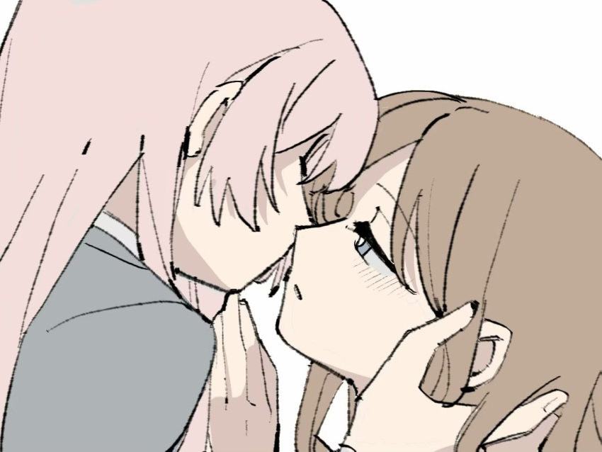 2girls bang_dream! bang_dream!_it's_mygo!!!!! blue_eyes bright_pupils brown_hair chihaya_anon chinese_commentary commentary_request grey_jacket hand_on_another's_face imminent_kiss jacket long_hair multiple_girls nagasaki_soyo parted_lips pink_hair simple_background upper_body white_background white_pupils yanlingjinshilihuahua yuri