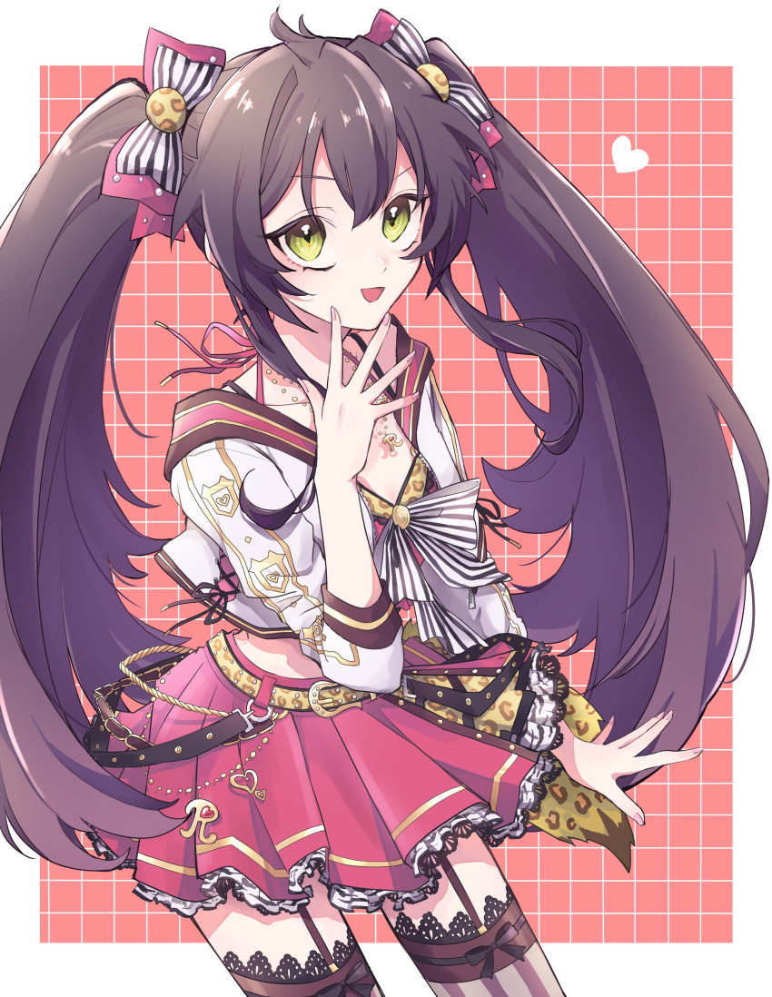 1girl absurdres belt black_hair blush bow crop_top garter_straps green_eyes hair_bow heart highres idolmaster idolmaster_cinderella_girls jewelry lace-trimmed_skirt lace-trimmed_thighhighs lace_trim long_hair looking_at_viewer matoba_risa necklace open_mouth pururu_ru6 skirt smile solo thigh-highs twintails very_long_hair