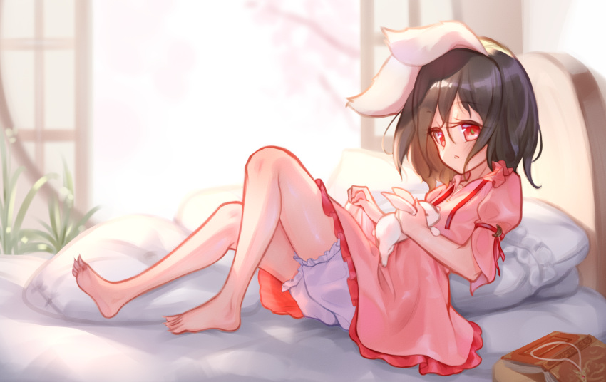 1girl animal animal_ears barefoot bed black_hair bloomers blush book breasts commentary day dress english_commentary expressionless floppy_ears full_body grass hair_between_eyes highres holding holding_animal holding_rabbit inaba_tewi indoors long_bangs looking_at_viewer medium_hair open_mouth pillow pink_dress puffy_short_sleeves puffy_sleeves rabbit rabbit_ears rabbit_girl red_eyes short_sleeves shouji sitting sliding_doors small_breasts solo tlobtr touhou