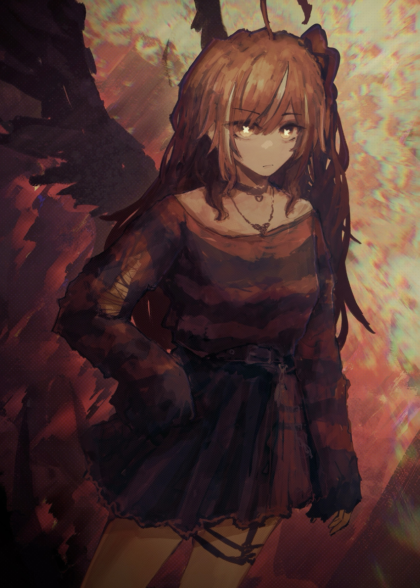 1girl absurdres ahoge antsplorer belt belt_chain bird_girl bird_wings black_skirt black_sweater brown_eyes brown_hair choker chromatic_aberration commentary emo_fashion frilled_choker frills from_above heart heart_choker highres hololive hololive_english horror_(theme) huge_ahoge jewelry long_hair looking_at_viewer multicolored_hair nanashi_mumei nanashi_mumei_(4th_costume) necklace o-ring o-ring_thigh_strap official_alternate_costume official_alternate_hairstyle one_side_up plaid plaid_skirt pleated_skirt red_sweater skirt streaked_hair striped_clothes striped_sweater sweater sweater_tucked_in thigh_strap torn_clothes torn_sleeves torn_sweater two-tone_sweater very_long_hair virtual_youtuber wings x_x