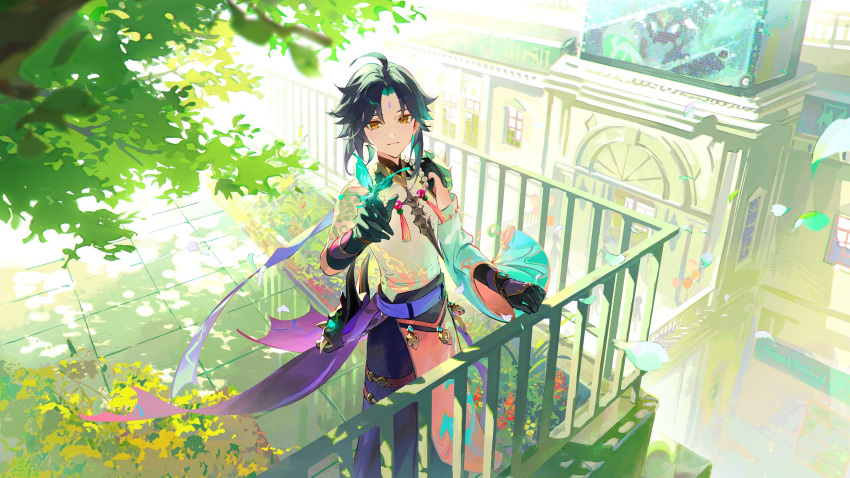 1boy ahoge aqua_hair arm_tattoo arm_up asymmetrical_clothes asymmetrical_gloves bead_necklace beads black_gloves bloom blue_pants branch bug building bush cape closed_mouth commentary_request crystalfly_(genshin_impact) dappled_sunlight day detached_sleeves dsmile english_commentary eyeshadow facial_mark falling_petals flower forehead_mark genshin_impact gloves gold_trim green_gloves green_hair hand_up highres jewelry korean_commentary long_sleeves looking_at_viewer makeup male_focus mask mismatched_gloves mixed-language_commentary multicolored_hair necklace outdoors pants parted_bangs pelvic_curtain petals purple_cape purple_ribbon railing red_eyeshadow ribbon rooftop shirt short_hair shoulder_spikes sidelocks single_bare_shoulder single_detached_sleeve sleeveless sleeveless_shirt smile solo spikes standing sunlight tassel tattoo tile_floor tiles tree unworn_mask vision_(genshin_impact) white_shirt wide_sleeves xiao_(genshin_impact) yellow_eyes