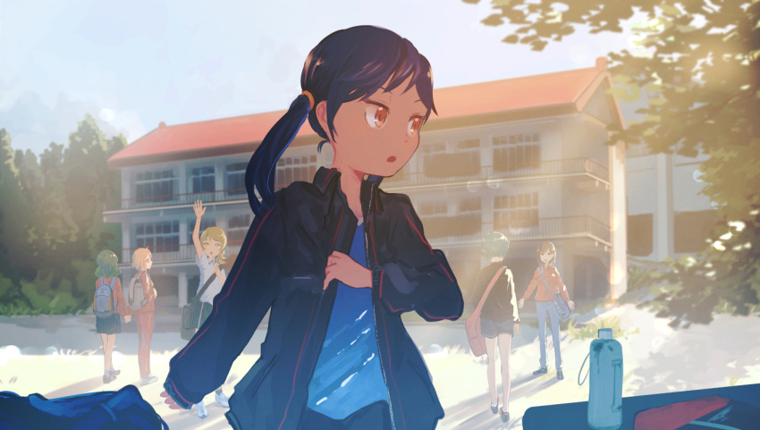 6+girls bag black_hair black_jacket blue_pants blue_shirt bottle brown_hair commentary_request dappled_sunlight green_hair holding_hands inami_hatoko jacket long_hair long_sleeves multiple_girls open_mouth original outdoors pants red_eyes red_track_suit shadow shirt short_hair shoulder_bag sleeves_past_wrists sunlight twintails water_bottle waving white_shirt