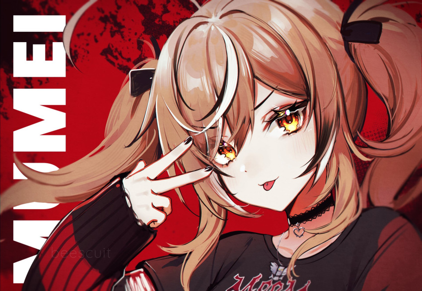 1girl :p ahoge beescuit black_choker black_nails black_ribbon black_shirt black_sweater brown_eyes brown_hair character_name choker emo_fashion frilled_choker frills hair_ribbon heart heart_choker highres hololive hololive_english huge_ahoge jewelry looking_at_viewer multicolored_hair nanashi_mumei nanashi_mumei_(4th_costume) necklace official_alternate_costume official_alternate_hairstyle piercing portrait red_background red_sweater ribbon shirt sleeves_past_wrists splatter_background streaked_hair striped_clothes striped_sweater sweater sweater_under_shirt t-shirt tongue tongue_out tongue_piercing torn_clothes torn_sleeves torn_sweater twintails two-tone_sweater v virtual_youtuber