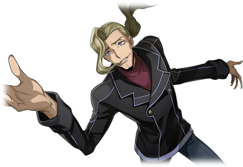 1boy arm_up artist_request bangs_pinned_back black_jacket blonde_hair blue_eyes blue_pants buttons code_geass code_geass:_lost_stories constricted_pupils cowboy_shot cropped_legs diethard_ried double-breasted floating_hair forehead from_above game_cg happy highres jacket long_sleeves looking_up male_focus medium_hair non-web_source official_art pants parted_lips ponytail raised_eyebrows red_shirt shirt simple_background smile solo standing transparent_background turtleneck_shirt