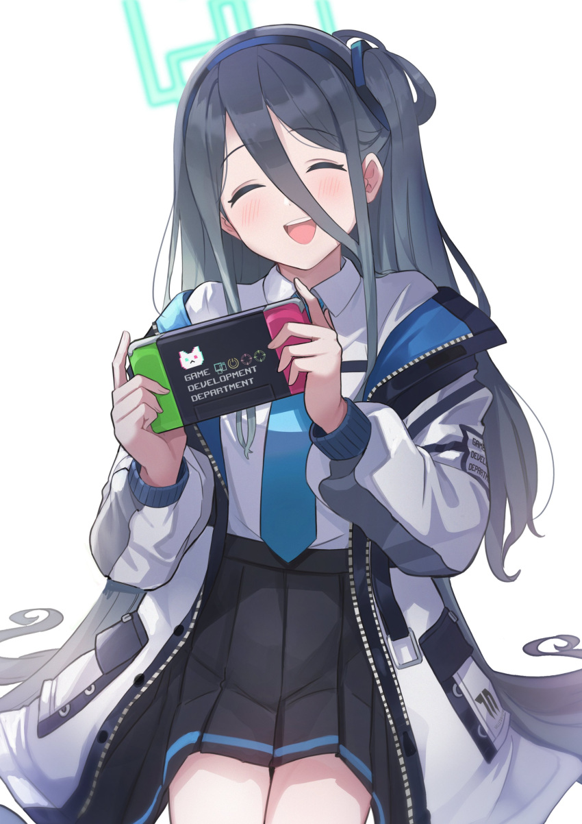 1girl :d absurdres aris_(blue_archive) black_hairband black_skirt blue_archive blue_necktie blush closed_eyes collared_shirt hair_between_eyes hair_spread_out hairband halo handheld_game_console highres holding holding_handheld_game_console jacket long_hair_between_eyes long_sleeves multicolored_clothes multicolored_jacket necktie one_side_up open_clothes open_jacket pleated_skirt round_teeth shirt shirt_tucked_in sidelocks simple_background skirt smile solo square_halo teeth upper_teeth_only white_background white_shirt yokoji_(kodai2015)