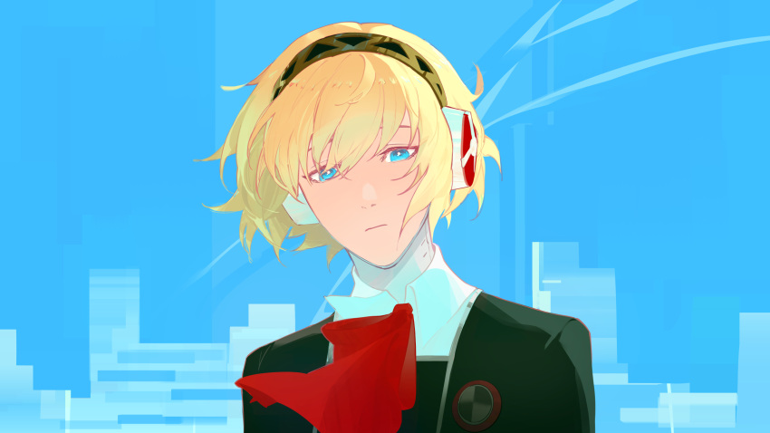1girl aegis_(persona) black_jacket blonde_hair blue_background blue_eyes commentary english_commentary gekkoukan_high_school_uniform headset highres jacket looking_at_viewer neckerchief persona persona_3 persona_3_reload ran_the_egg_yolk red_neckerchief school_uniform short_hair solo upper_body