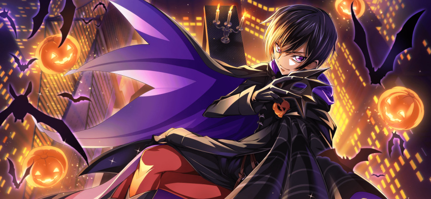 1boy artist_request bat_(animal) black_coat black_footwear black_gloves black_hair boots building candelabra candle candlestand cape city closed_mouth coat code_geass code_geass:_lost_stories crossed_legs fire floating floating_clothes floating_object from_above from_side game_cg gloves halloween hand_on_own_thigh hand_up happy highres holding holding_mask hood hood_down hooded_cape jack-o'-lantern knee_boots lelouch_vi_britannia long_sleeves looking_at_viewer male_focus mask masquerade_mask night non-web_source official_art outdoors pants purple_cape purple_outline red_pants short_hair sidelocks sitting skyscraper smile solo sparkle two-sided_fabric v-shaped_eyebrows violet_eyes