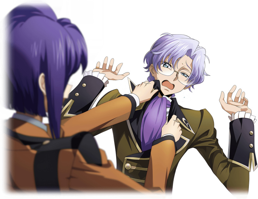 1boy 1girl adjusting_another's_clothes artist_request ascot blue_eyes blue_hair blurry blurry_foreground cecile_croomy code_geass code_geass:_lost_stories cropped_torso double_handjob formal frilled_jacket frilled_sleeves frills game_cg glasses green_jacket hair_intakes half-closed_eye handjob hands_up highres jacket lloyd_asplund long_sleeves looking_at_another military_uniform nervous non-web_source official_art open_mouth orange_jacket purple_ascot purple_hair semi-rimless_eyewear shirt short_hair sidelocks simple_background solo_focus standing sweat transparent_background uneven_eyes uniform upper_body white_shirt