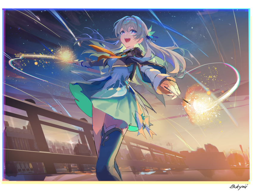 1girl absurdres aqua_skirt artist_name black_jacket bright_pupils butyou_(mika1412) cropped_jacket evening firefly_(honkai:_star_rail) from_below gradient_sky green_thighhighs hair_between_eyes hashtag_only_commentary highres holding_fireworks honkai:_star_rail honkai_(series) jacket long_hair long_sleeves neckerchief open_mouth orange_neckerchief outdoors shirt skirt sky smile solo thigh-highs violet_eyes white_hair white_pupils white_shirt