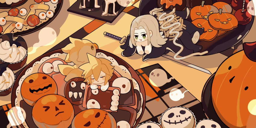 2boys blonde_hair blush_stickers candy_apple chibi chinese_commentary chocobo closed_eyes cloud_strife commentary_request cookie cupcake dapanggezilan dessert doughnut final_fantasy final_fantasy_vii food full_body ghost green_eyes grey_hair halloween highres jack-o'-lantern katana lace long_hair male_focus masamune_(ff7) mini_person multiple_boys octopus_boy on_plate on_table open_mouth pastry plate pop_tart pumpkin sephiroth short_hair smile spiky_hair sword table takoyaki tentacles topless_male weapon