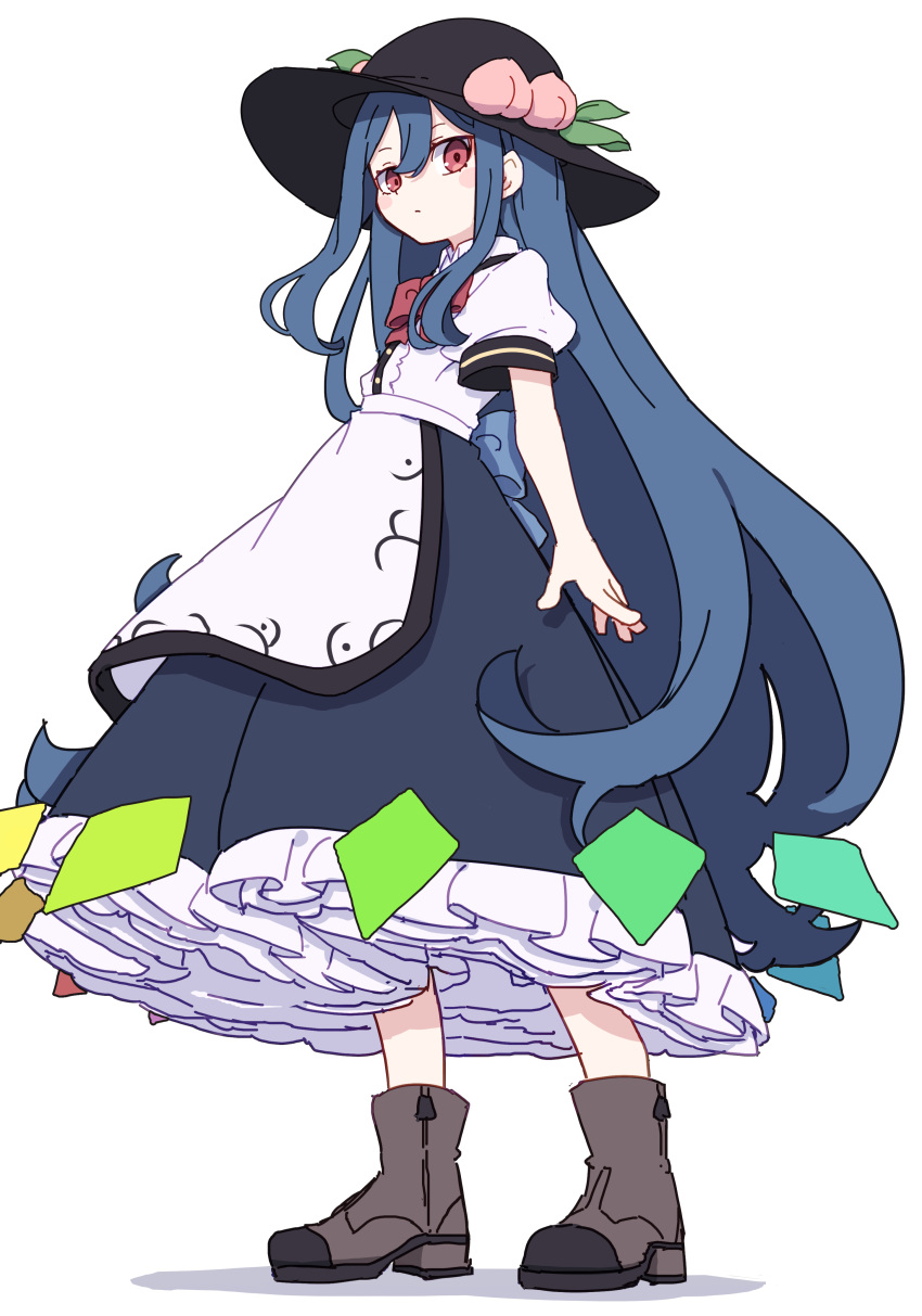 1girl absurdres black_headwear blue_hair blue_skirt blush_stickers boots brown_footwear closed_mouth frilled_skirt frills fruit_hat_ornament full_body hair_between_eyes hat hat_ornament highres hinanawi_tenshi kame_(kamepan44231) long_hair looking_at_viewer one-hour_drawing_challenge peach_hat_ornament puffy_short_sleeves puffy_sleeves red_eyes shirt short_sleeves simple_background skirt solo touhou white_background white_shirt