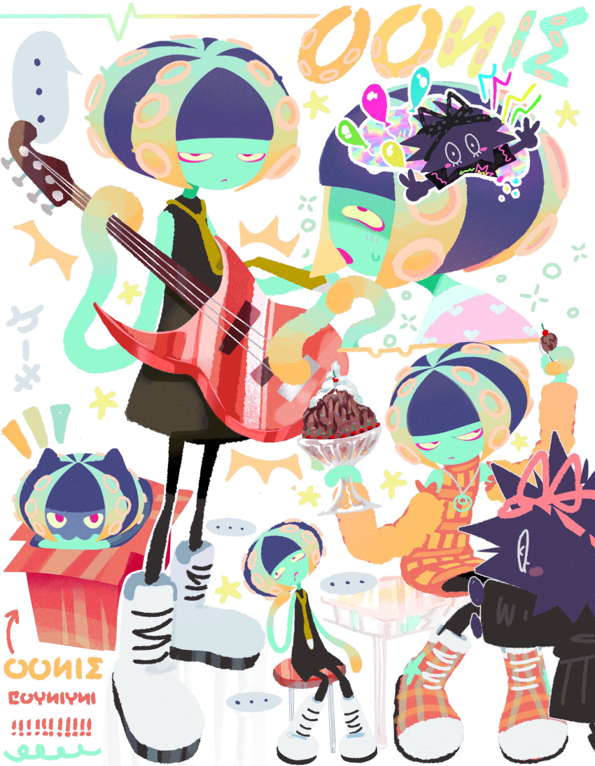 ... 2girls aachin_(splatoon) absurdres black_dress boots character_name colored_skin dress food green_skin guitar highres holding holding_guitar holding_instrument ice_cream instrument kitamura_(splatoon) multiple_girls necktie pink_ribbon pinkclawzz ribbon splatoon_(series) splatoon_2 spoken_ellipsis suction_cups tentacle_hair white_footwear
