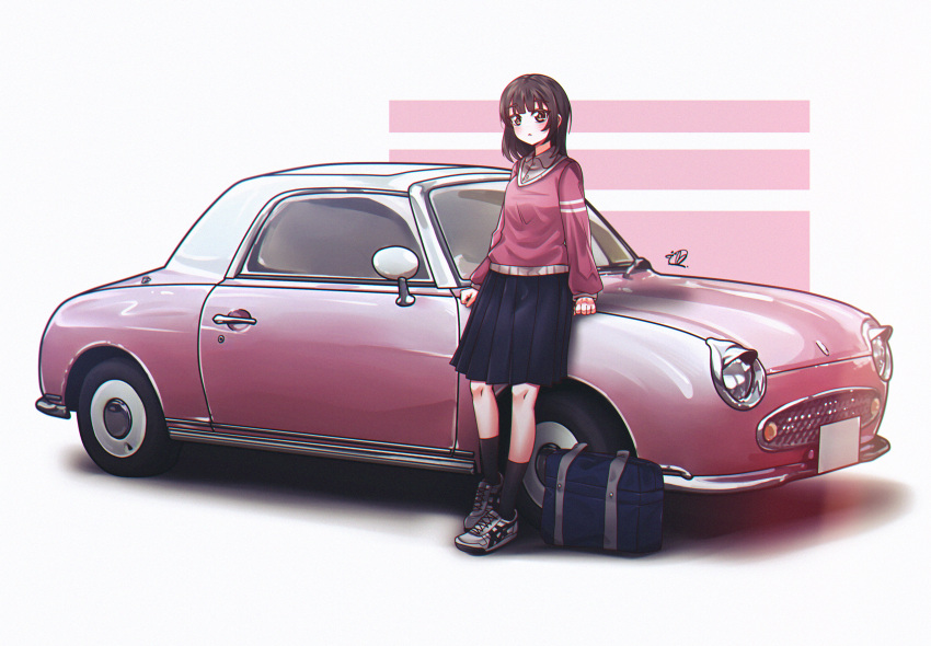 1girl absurdres asics bag black_skirt black_socks breasts brown_eyes brown_hair collared_shirt english_commentary expressionless grey_footwear highres leaning_against_vehicle looking_at_viewer medium_breasts medium_hair mizzterbii nissan nissan_figaro original pink_sweater pleated_skirt shadow shirt shoes skirt sneakers socks solo sweater vehicle_focus white_shirt