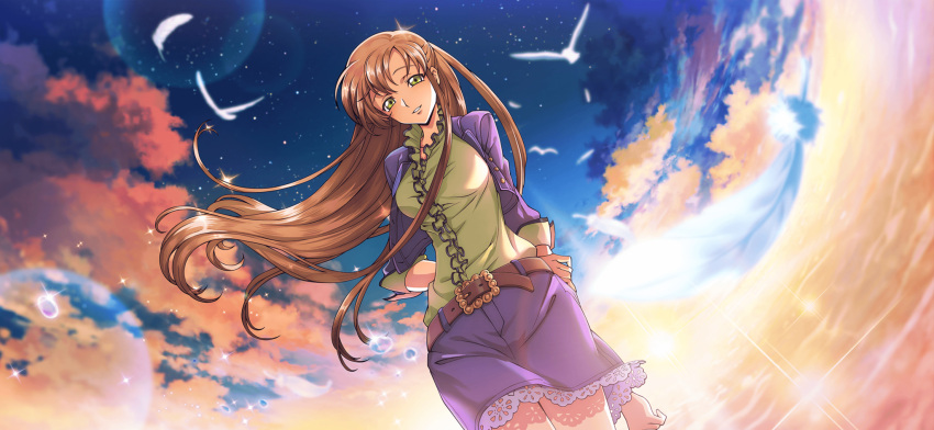 1girl arms_behind_back artist_request backlighting belt bird blue_sky blurry blurry_foreground breasts buttons center_frills clouds code_geass code_geass:_lost_stories cowboy_shot cropped_jacket dutch_angle feathers fisheye floating_hair frilled_shirt frills game_cg green_shirt half-closed_eyes happy highres holding_own_arm horizon jacket lace lace-trimmed_skirt lace_trim lens_flare long_hair long_sleeves looking_at_viewer medium_breasts non-web_source official_art open_clothes open_jacket orange_hair outdoors parted_lips purple_jacket purple_skirt shirley_fenette shirt shirt_tucked_in sidelocks skirt sky smile solo sparkle standing star_(sky) sunlight sunset teeth water water_drop white_feathers yellow_eyes