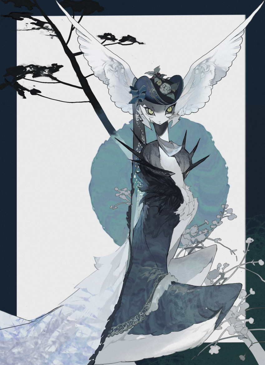 abstract_background black_headwear blue_bow blue_dress bow creature dress feathered_wings green_eyes hat head_wings highres kamikiririp looking_at_viewer original solo tree white_wings wings