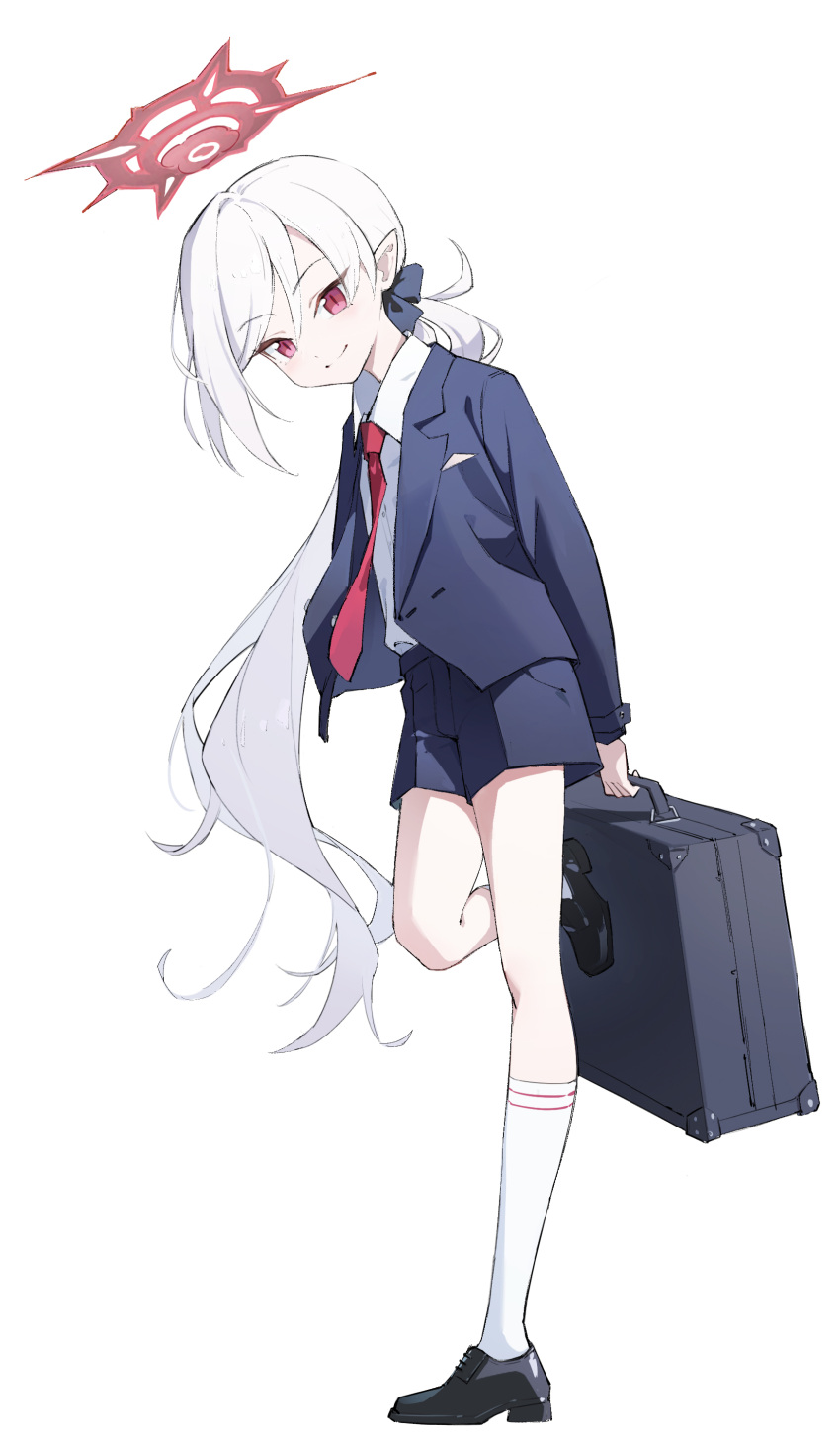 1girl absurdres bag bilibilida black_footwear black_shorts blue_archive collared_shirt full_body halo highres holding holding_bag long_hair long_sleeves mutsuki_(blue_archive) mutsuki_(suit)_(blue_archive) necktie official_alternate_costume pointy_ears ponytail red_eyes red_halo red_necktie shirt shoes shorts simple_background socks solo white_background white_hair white_shirt white_socks