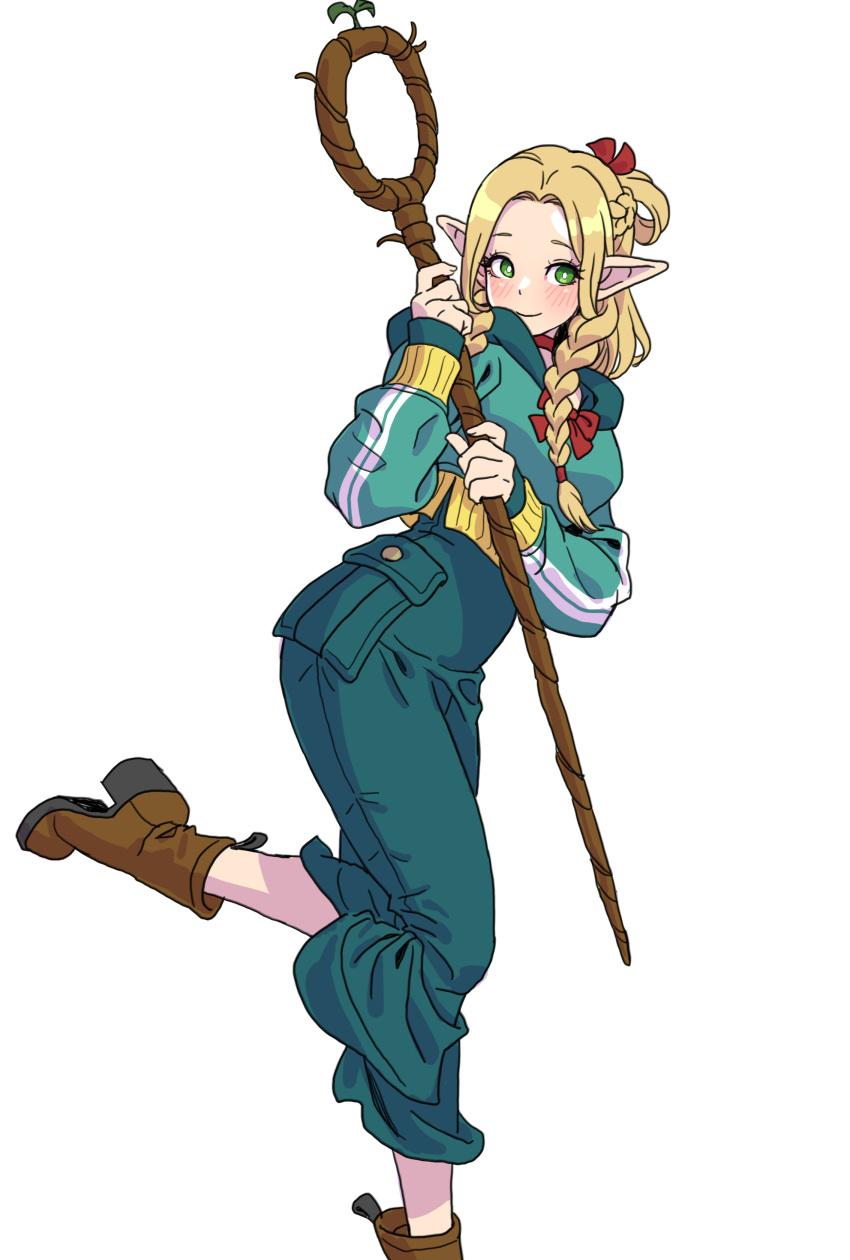 1girl absurdres ambrosia_(dungeon_meshi) blonde_hair blush boots braid brown_footwear choker contemporary cropped_hoodie dungeon_meshi elf foot_out_of_frame green_eyes green_hoodie green_pants hair_ribbon highres holding holding_staff hood hoodie leg_up long_hair marcille_donato pants pointy_ears red_choker red_ribbon ribbon simple_background smile solo staff white_background yamashita_shun'ya