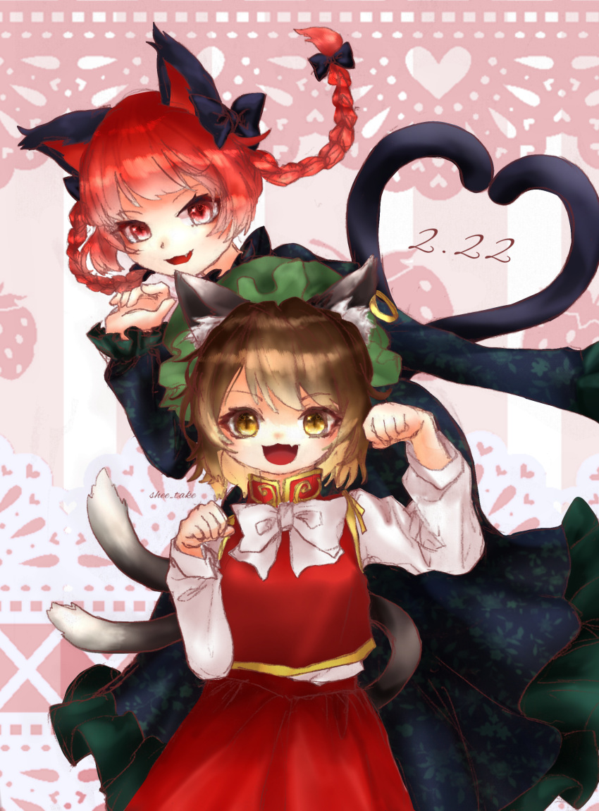 2girls absurdres animal_ears bow bowtie braid brown_eyes brown_hair cat_ears cat_girl cat_tail chen highres kagamine_rin looking_at_viewer medium_hair multiple_girls multiple_tails red_eyes redhead shee_take tail touhou twin_braids white_bow white_bowtie