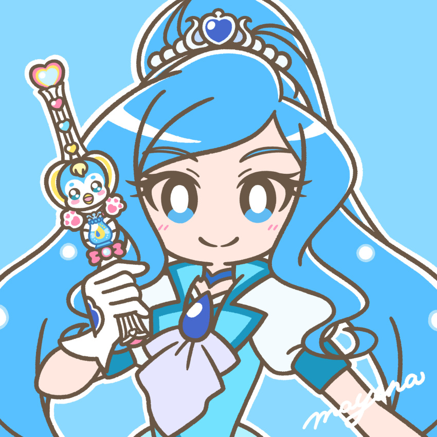 1girl bird blue_choker blue_eyes blue_hair blurry blurry_background blush bright_pupils choker cure_fontaine gloves hair_ornament healin'_good_precure healing_wand heart heart_hair_ornament high_ponytail highres holding holding_wand jewelry long_hair looking_at_viewer magical_girl mayena outline penguin ponytail precure puffy_sleeves sawaizumi_chiyu short_sleeves signature simple_background smile solo split_ponytail tiara upper_body very_long_hair wand white_gloves white_outline white_pupils