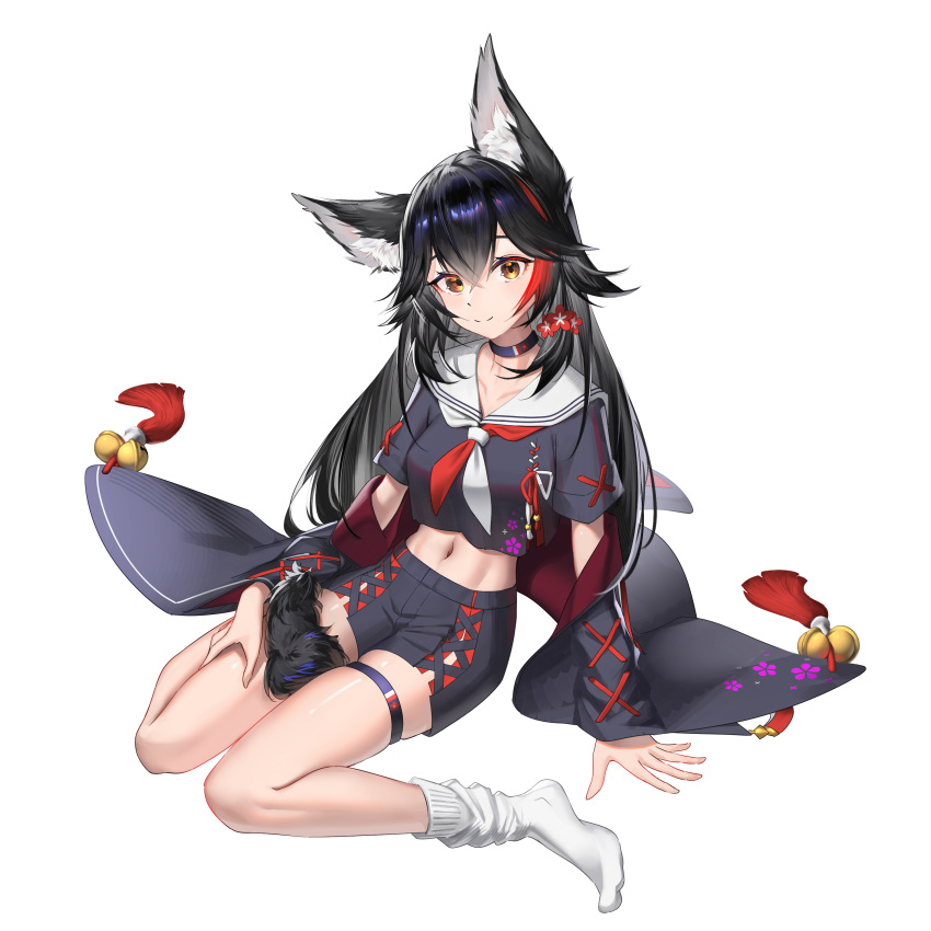 1girl absurdres animal_ears bell black_choker black_hair black_shorts choker full_body hair_between_eyes highres hololive jingle_bell long_hair looking_at_viewer mimi_mimimi navel off_shoulder ookami_mio redhead shorts sitting smile socks tail transparent_background virtual_youtuber white_socks wolf_ears wolf_girl wolf_tail yellow_eyes