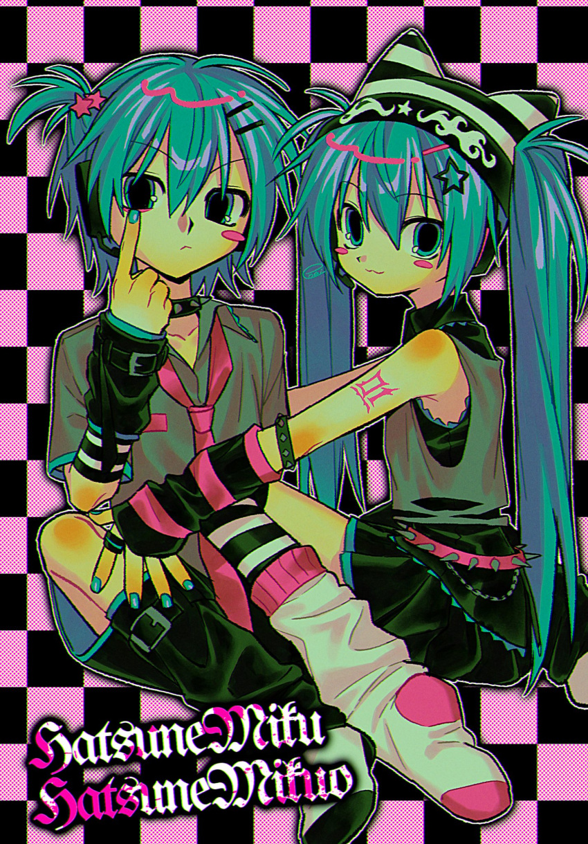 1boy 1girl :3 adapted_costume animal_hat aqua_eyes aqua_hair aqua_nails arm_warmers bare_shoulders beanie black_arm_warmers black_leg_warmers black_shorts black_skirt blackletter blush_stickers character_name checkered_background closed_mouth collar eyelid_pull genderswap genderswap_(ftm) grey_shirt hair_between_eyes hair_ornament hat hatsune_miku hatsune_mikuo highres jewelry leg_warmers long_hair looking_at_viewer loose_necktie loose_socks menma_(enaic31) miniskirt nail_polish necktie pink_necktie ring shirt short_hair short_sleeves short_twintails shorts signature sitting skirt sleeveless sleeveless_shirt socks socks_over_thighhighs spiked_belt spiked_collar spikes star_(symbol) star_hair_ornament striped_clothes striped_headwear striped_thighhighs thigh-highs twintails vocaloid white_socks
