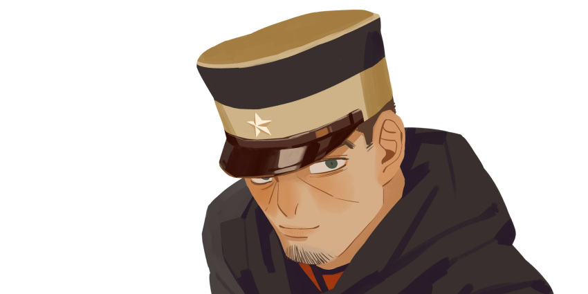 1boy black_jacket brown_hair chengongzi123 closed_mouth facial_hair goatee_stubble golden_kamuy green_eyes hat highres hood hooded_jacket jacket looking_at_viewer male_focus military_hat military_uniform portrait short_hair simple_background smile solo stubble tsukishima_hajime uniform very_short_hair white_background