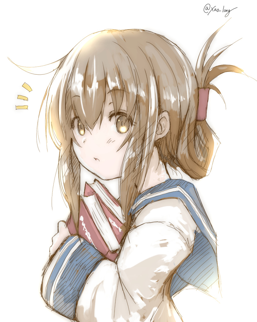 1girl blue_sailor_collar book brown_eyes brown_hair chicken99 folded_ponytail highres inazuma_(kancolle) kantai_collection long_hair long_sleeves notice_lines one-hour_drawing_challenge sailor_collar sailor_shirt school_uniform serafuku shirt simple_background solo twitter_username upper_body white_background white_shirt