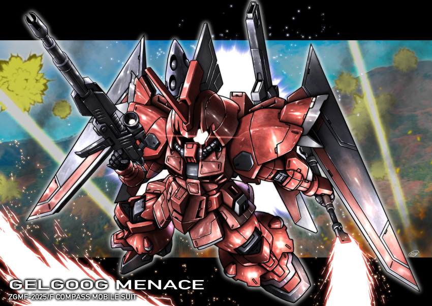 absurdres character_name deformed explosion gelgoog_menace glowing glowing_eye gun gundam gundam_seed gundam_seed_freedom highres holding holding_gun holding_polearm holding_weapon horns letterboxed mecha mechanical_wings one-eyed outside_border polearm robot science_fiction single_horn solo weapon wings yatta070622