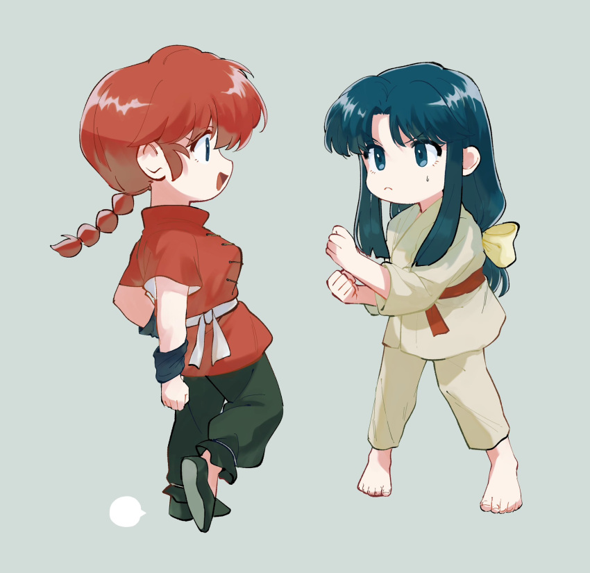 2girls barefoot black_footwear blue_eyes bow chinese_clothes closed_mouth hair_bow hetero highres multiple_girls nmnm_bbb open_mouth ranma-chan ranma_1/2 redhead tangzhuang tendou_akane yellow_bow