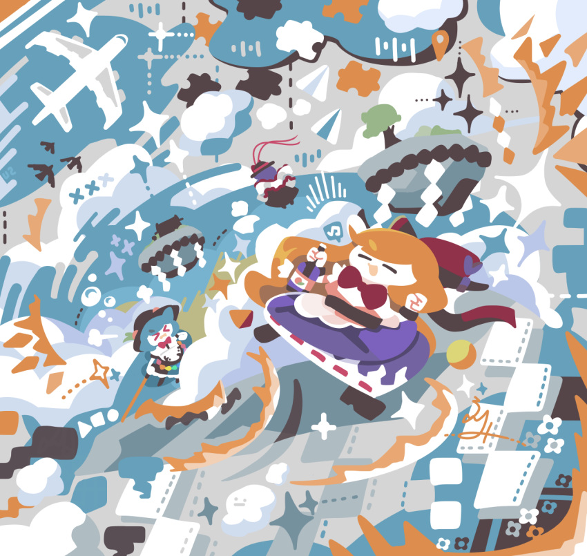 &gt;_&lt; 3girls aircraft airplane bird black_headwear blue_hair blue_skirt bottle bow bowtie bubble closed_eyes clouds cross facing_another facing_away facing_viewer floating floating_island flower flying frilled_skirt frills hagoromo hair_bow highres hinanawi_tenshi holding holding_bottle ibuki_suika long_hair multiple_girls musical_note nagae_iku no_lineart open_mouth orange_hair paper_airplane puff_of_air purple_hair purple_skirt puzzle_piece rainbow_gradient red_bow red_bowtie rope shapes shawl shide shimenawa shirt shrine simple_bird skirt smile sparkle spoken_musical_note thatpebble touhou tree white_shirt wristband