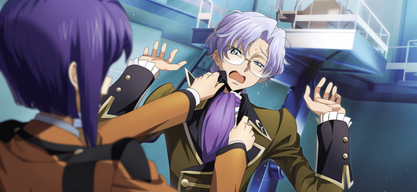 1boy 1girl adjusting_another's_clothes artist_request ascot blue_background blue_eyes blue_hair blurry blurry_foreground cecile_croomy code_geass code_geass:_lost_stories double_handjob formal frilled_jacket frilled_sleeves frills game_cg glasses green_jacket hair_intakes half-closed_eye handjob hands_up highres indoors jacket laboratory lloyd_asplund long_sleeves looking_at_another military_uniform nervous non-web_source official_art open_mouth orange_jacket purple_ascot purple_hair railing semi-rimless_eyewear shirt short_hair sidelocks solo_focus standing sweat uneven_eyes uniform upper_body white_shirt