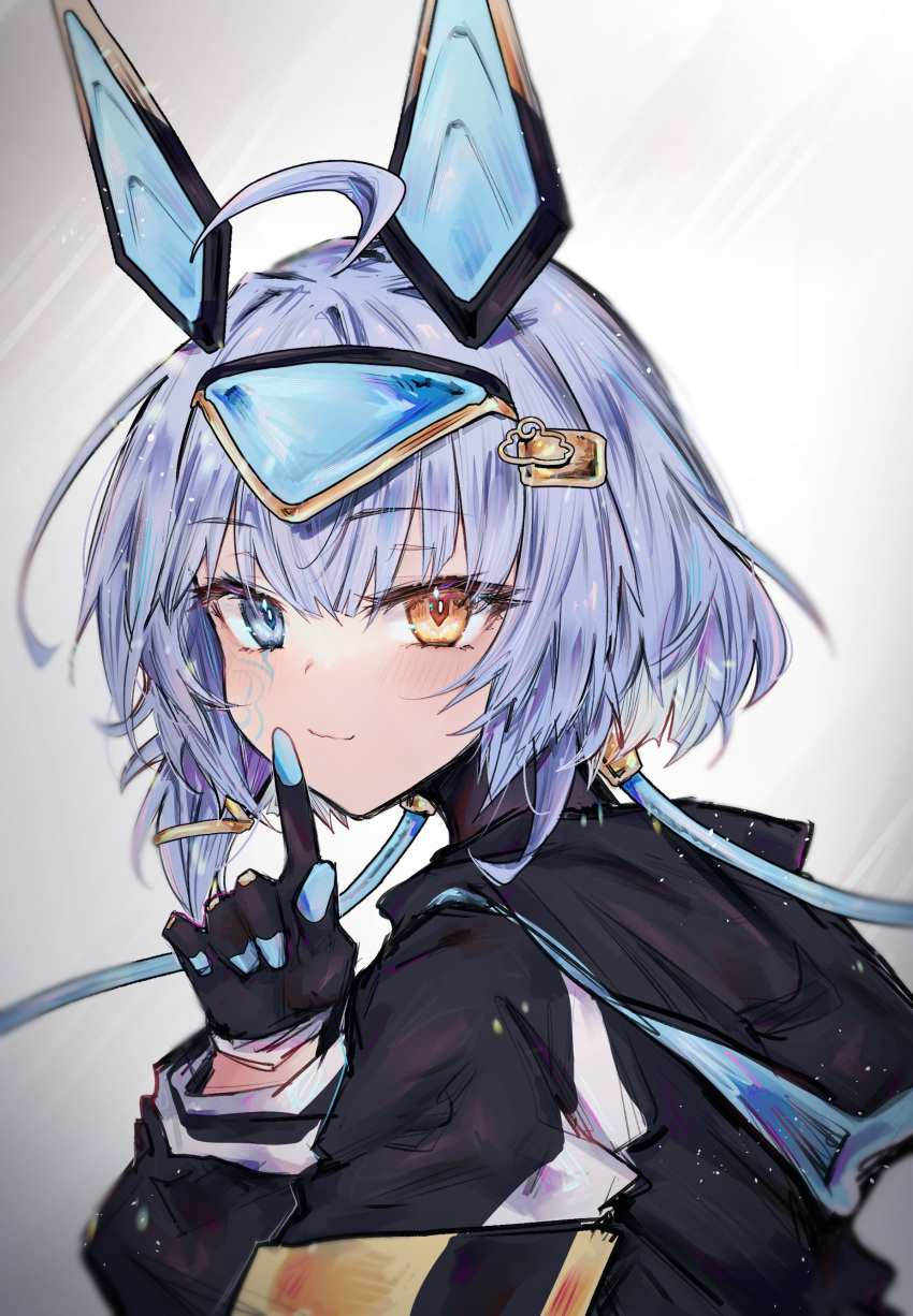 1girl absurdres ahoge animal_ears black_gloves black_jacket blue_eyes blue_hair closed_mouth facial_mark fake_animal_ears finger_to_mouth gloves hand_up headgear heterochromia highres hood hooded_jacket indie_virtual_youtuber jacket light_blue_hair light_blush long_sleeves looking_at_viewer mji_(emucchi) sayu_sincronisity second-party_source short_hair solo virtual_youtuber yellow_eyes