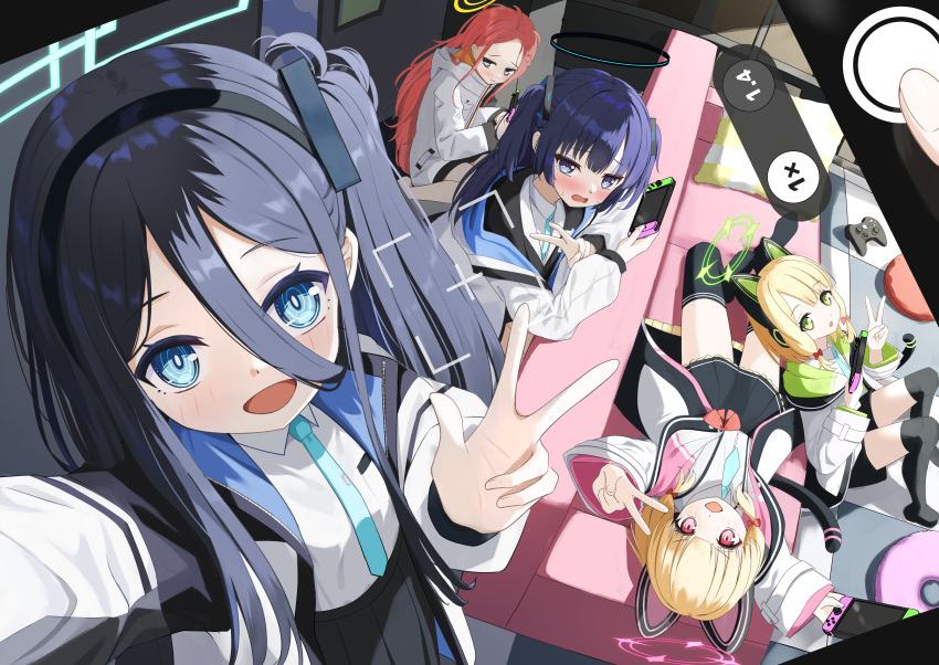 5girls absurdly_long_hair absurdres animal_ear_headphones animal_ears aris_(blue_archive) black_hair blonde_hair blue_archive blue_eyes blush cat_tail closed_mouth cpk_prd fake_animal_ears game_development_department_(blue_archive) green_eyes green_halo halo headphones highres long_hair mechanical_halo midori_(blue_archive) momoi_(blue_archive) multiple_girls one_side_up open_mouth pink_halo purple_hair red_eyes redhead short_hair siblings sisters smile tail twins two_side_up very_long_hair yellow_halo yuuka_(blue_archive) yuzu_(blue_archive)