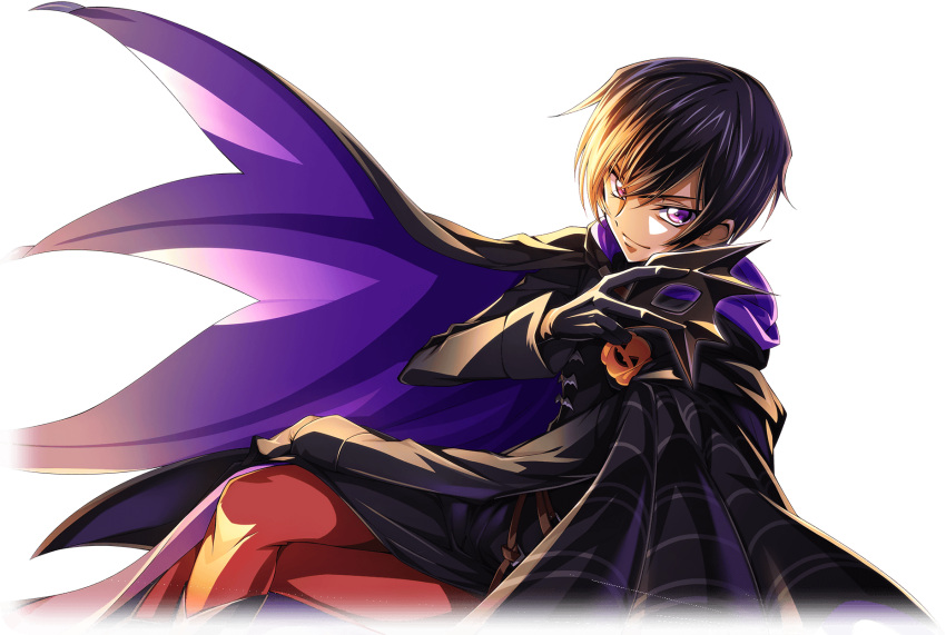 1boy artist_request black_coat black_footwear black_gloves black_hair boots cape closed_mouth coat code_geass code_geass:_lost_stories crossed_legs from_above from_side game_cg gloves halloween hand_on_own_thigh hand_up happy highres holding holding_mask hood hood_down hooded_cape knee_boots lelouch_vi_britannia long_sleeves looking_at_viewer male_focus mask masquerade_mask non-web_source official_art pants purple_cape red_pants short_hair sidelocks simple_background sitting smile solo transparent_background two-sided_fabric v-shaped_eyebrows violet_eyes