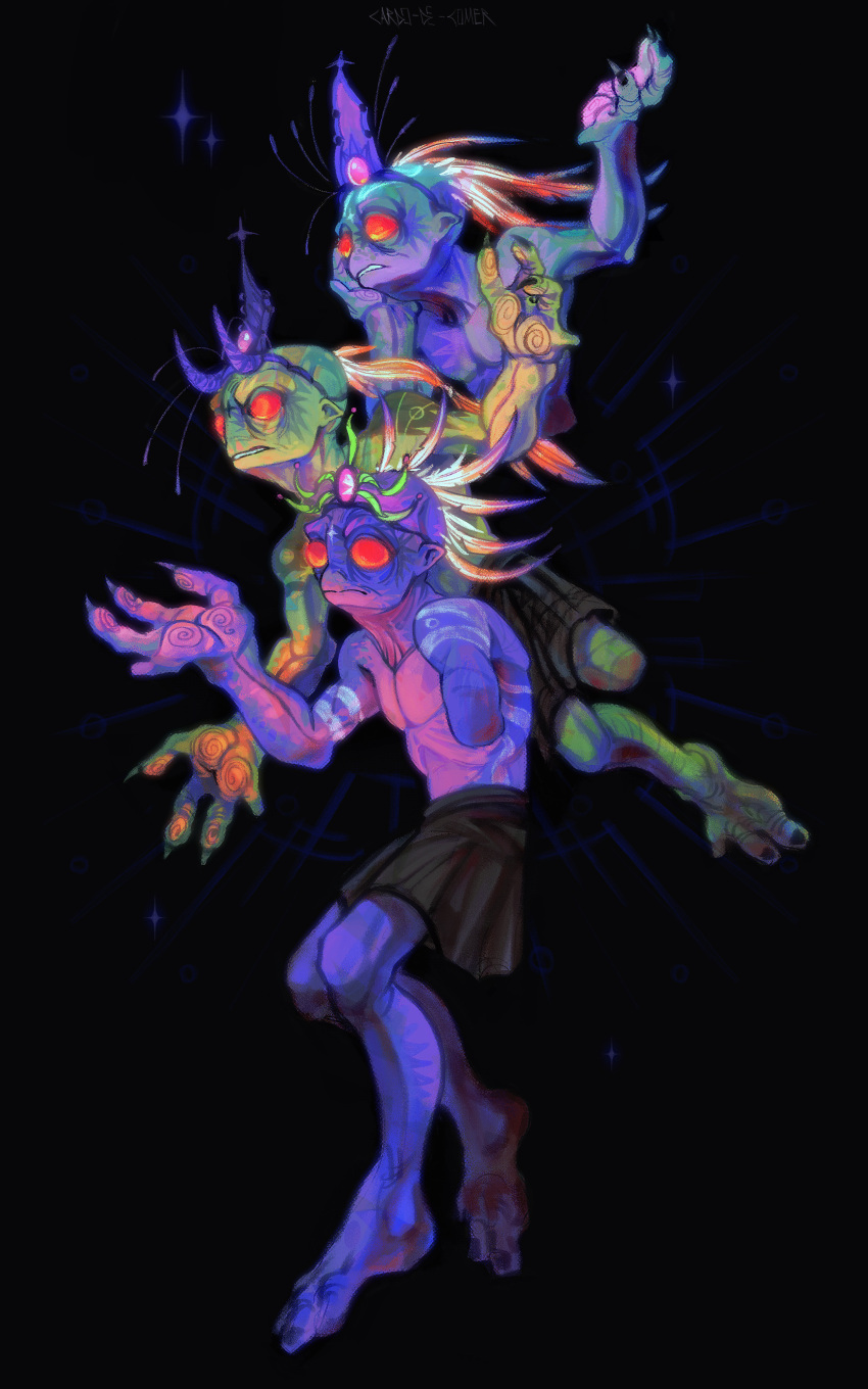 3boys absurdres alien bald barefoot black_background black_skirt bodypaint cardo-de-comer character_request claws colored_skin feathers forehead_jewel full_body glowing_headgear green_skin highres injury missing_limb multiple_boys neon_palette no_humans no_pupils oddworld pointy_ears purple_skin red_eyes skirt