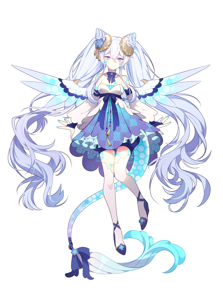 1girl absurdres bare_shoulders bloomers detached_sleeves dragoon_(quantum_protocol) dress facial_mark hen-tie high_heels highres horns long_hair looking_at_viewer non-web_source quantum_protocol tail thigh-highs transparent_background twintails violet_eyes white_hair wings