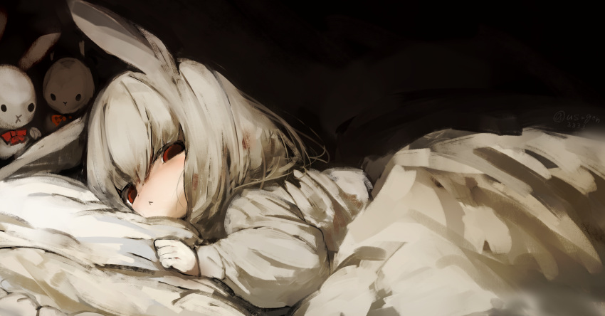 1girl :&lt; animal_ears bed bed_sheet child commentary empty_eyes highres long_sleeves looking_at_viewer lying on_stomach original pillow rabbit_ears rabbit_girl red_eyes shirokujira shirt short_hair sleepwear solo stuffed_animal stuffed_toy under_covers white_hair white_shirt