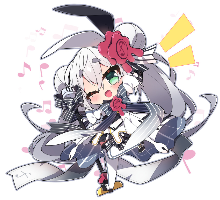 1girl ;d absurdres beamed_eighth_notes black_bow black_gloves black_skirt black_thighhighs blush boots bow chibi commentary_request detached_sleeves double_bun eighth_note eleanor_forte full_body gloves green_eyes grey_bow grey_hair hair_between_eyes hair_bun highres long_hair long_sleeves microphone microphone_stand milkpanda musical_note musical_note_print notice_lines one_eye_closed pleated_skirt puffy_long_sleeves puffy_sleeves quarter_note short_eyebrows simple_background skirt smile solo standing standing_on_one_leg striped_bow synthesizer_v thick_eyebrows thigh-highs thigh_boots thighhighs_under_boots very_long_hair white_background white_footwear white_skirt white_sleeves