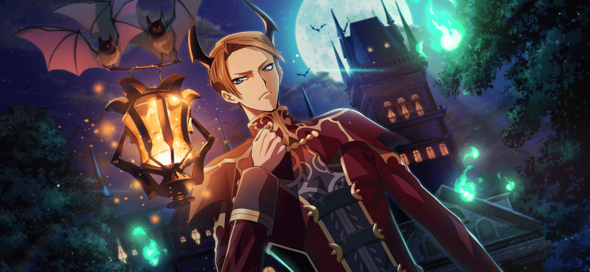 1boy arm_at_side artist_request bat_(animal) black_horns black_shirt blue_eyes brown_hair capelet castle clenched_hand closed_mouth clouds code_geass code_geass:_lost_stories demon_boy dutch_angle fire forehead full_moon game_cg gem glowing gold_trim green_fire hand_up highres holding_with_feet horns jacket jewelry kewell_soresi lantern light_particles long_sleeves looking_at_viewer male_focus moon night non-web_source official_art ornate_ring outdoors red_capelet red_eyes red_gemstone red_jacket ring serious shirt short_hair sidelocks solo standing tree upper_body v-shaped_eyebrows