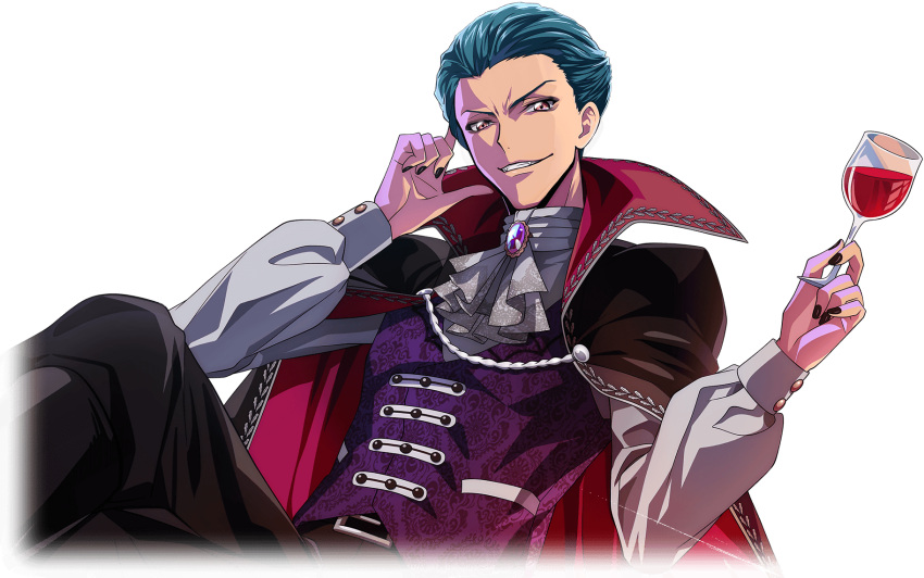 1boy artist_request ascot belt black_cape black_nails black_pants blue_hair brooch buttons cape code_geass code_geass:_lost_stories crossed_legs cup drink drinking_glass dutch_angle fangs forehead furrowed_brow game_cg gem grey_ascot grey_shirt grin hair_slicked_back hands_up happy high_collar highres holding holding_cup holding_drink jeremiah_gottwald jewelry long_sleeves looking_at_viewer male_focus nail_polish non-web_source official_art orange_eyes pants pocket purple_gemstone purple_vest shirt short_hair simple_background sitting smile solo teeth transparent_background two-sided_cape two-sided_fabric v-shaped_eyebrows vampire vest wine_glass