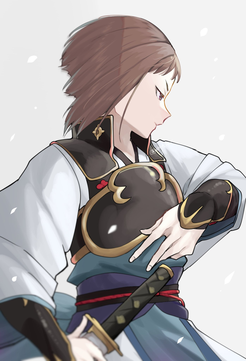 1boy armor bob_cut brown_eyes brown_hair fire_emblem fire_emblem_fates highres hisame_(fire_emblem) inverted_bob japanese_armor japanese_clothes katana looking_to_the_side sakura_no_yoru samurai sword weapon