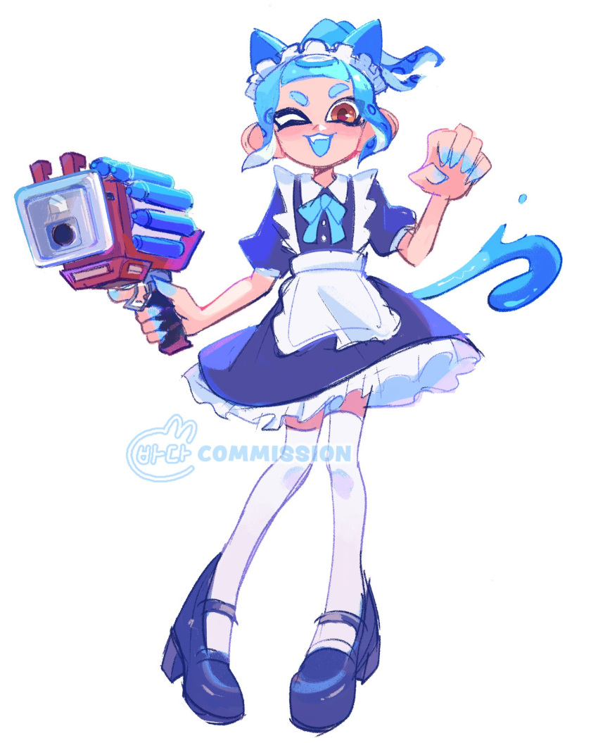 1girl animal_ears apron blue_hair brown_eyes cat_ears cat_tail clash_blaster_(splatoon) commentary commission dress english_commentary frilled_dress frills gun high_heels highres holding holding_gun holding_weapon looking_at_viewer maid_apron maid_headdress octoling octoling_girl octoling_player_character one_eye_closed open_mouth paw_pose short_hair simple_background smile solo splatoon_(series) splatoon_3 tail teeth tentacle_hair thick_eyebrows thigh-highs tokkibada upper_teeth_only watermark weapon white_background white_thighhighs