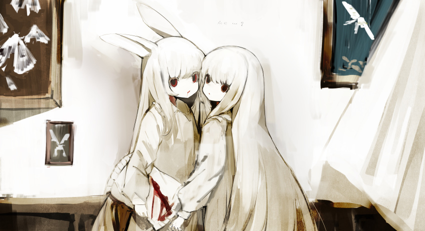 2girls albino animal_ears blood blood_on_face blood_on_pillow commentary curtains dress highres holding holding_pillow indoors long_hair long_sleeves looking_at_viewer looking_to_the_side multiple_girls nightgown orange_eyes original painting_(object) pale_skin pillow puffy_long_sleeves puffy_sleeves rabbit_ears red_eyes shirokujira very_long_hair white_dress white_hair