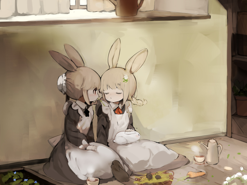2girls animal_ears animal_on_lap apron black_dress black_rabbit_(animal) black_ribbon blonde_hair blue_flower braid bun_cover carrot closed_eyes collared_dress commentary cup curtains dress flower frilled_apron frills hair_bun hair_flower hair_ornament hairclip hand_on_lap highres indoors long_hair long_sleeves looking_at_another motion_lines mouth_hold multiple_girls neck_ribbon on_lap original petting puffy_long_sleeves puffy_sleeves rabbit_ears red_eyes red_ribbon ribbon shelf shirokujira single_hair_bun sitting stalk_in_mouth steam teacup teapot twin_braids white_apron white_flower white_rabbit_(animal) window windowsill wooden_floor yuri zzz