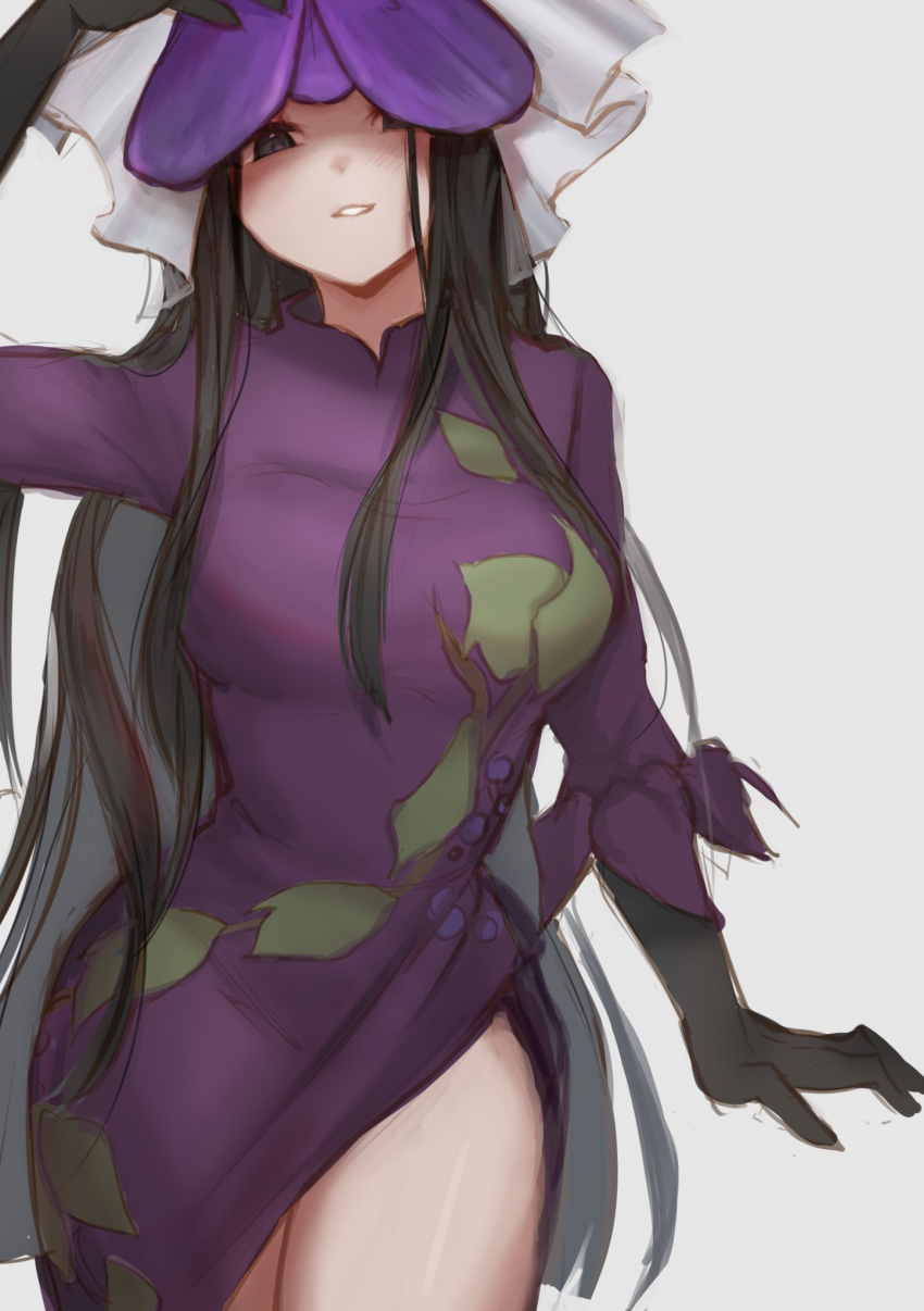 1girl arm_up black_gloves black_hair blush breasts china_dress chinese_clothes dress elbow_gloves flower flower_on_head gloves grape_print highres large_breasts leaf_print long_hair long_sleeves looking_at_viewer mandarin_collar orchid_(pixiv3730518) purple_dress purple_flower sidelocks simple_background smile solo standing teeth touhou veil violet_eyes white_background yomotsu_hisami