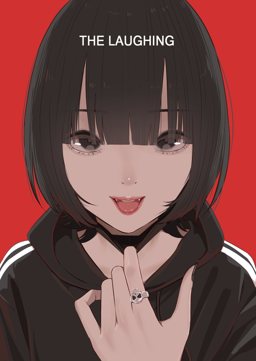 1girl :d absurdres bananafish1111 black_eyes black_hair black_hoodie blunt_bangs commentary english_commentary english_text fangs highres hood hoodie jewelry looking_at_viewer mask mask_pull mouth_mask original red_background ring short_hair simple_background smile solo teeth