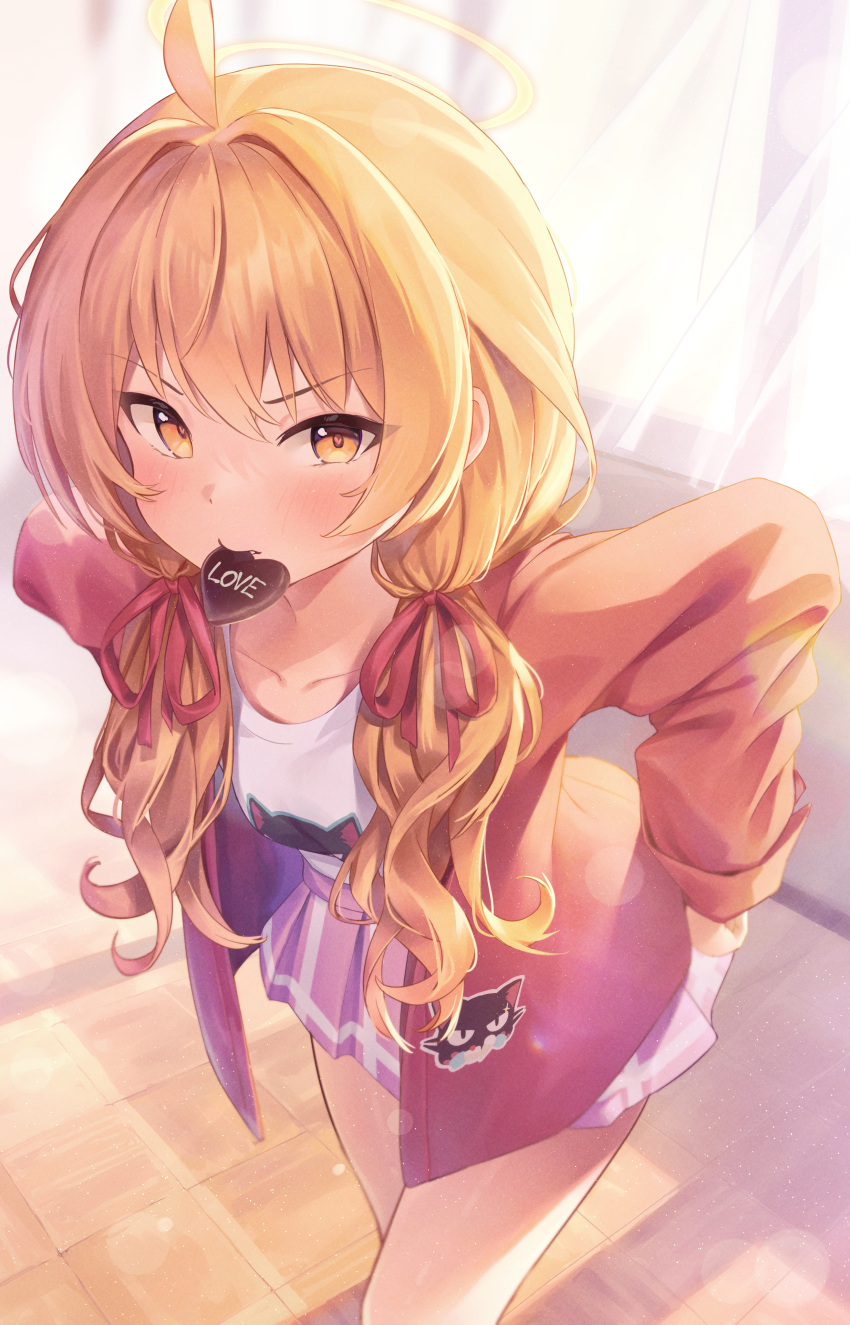 1girl absurdres ahoge blonde_hair blue_archive blush candy chocolate feet_out_of_frame food halo heart heart-shaped_chocolate highres jacket jiyasu long_hair long_sleeves looking_at_viewer mouth_hold open_clothes open_jacket pink_skirt pleated_skirt red_jacket skirt solo twintails yellow_eyes yellow_halo yoshimi_(blue_archive)